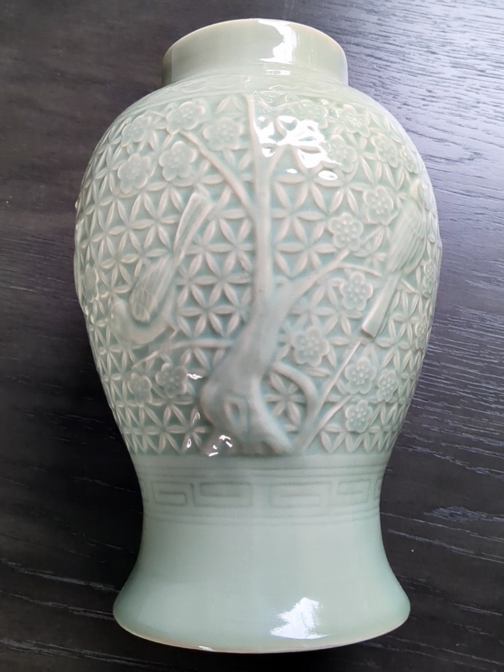 Wildwood Home Celadon Glazed Ginger Jar Lamp Base w/ Floral Fauna Engraving - Picture 3 of 13